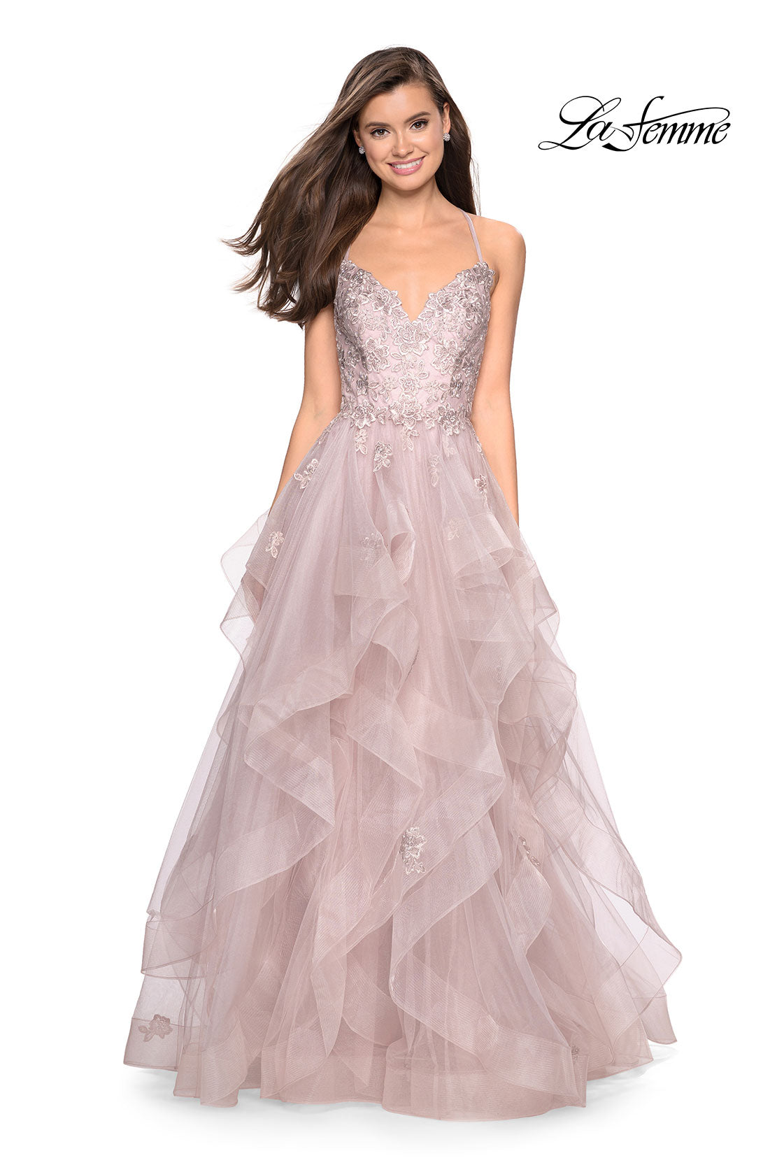 Picture of: Floor Length Tulle Dress with Floral Embellishments in Dusty Mauve, Style: 27579, Detail Picture 2