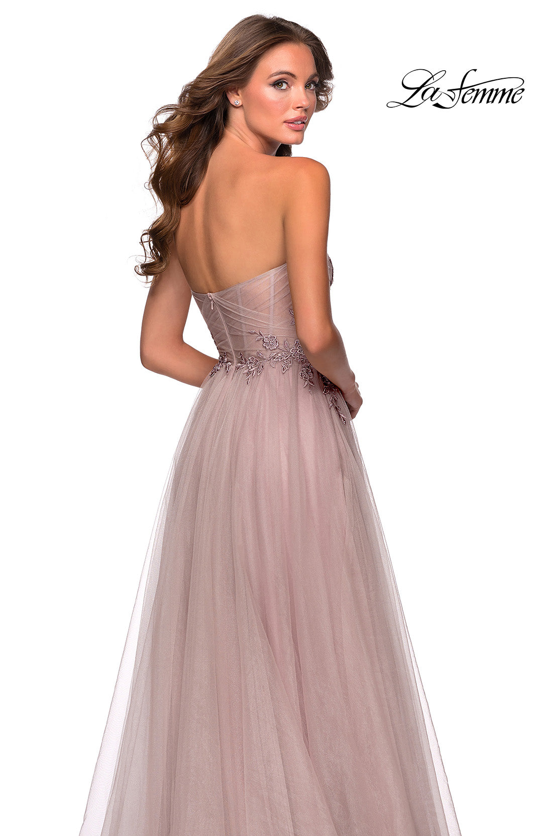 Picture of: Strapless Tulle Gown with Floral Embellishments in Dusty Mauve, Style: 28586, Detail Picture 2