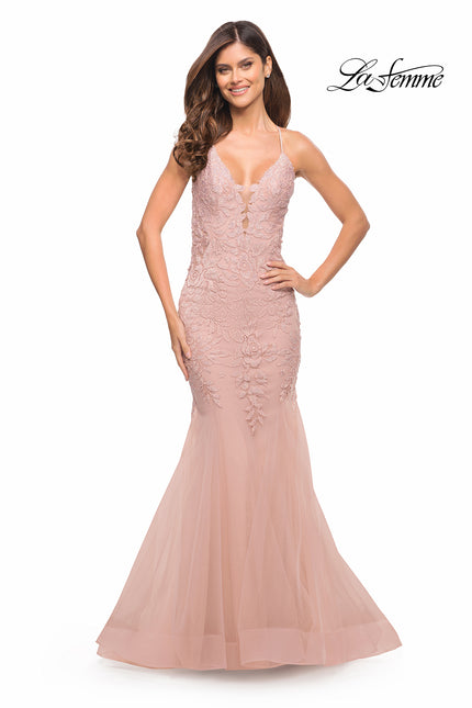 Picture of: Mermaid Tulle and Lace Jeweled Prom Dress in Dusty Mauve, Style: 30584, Detail Picture 5