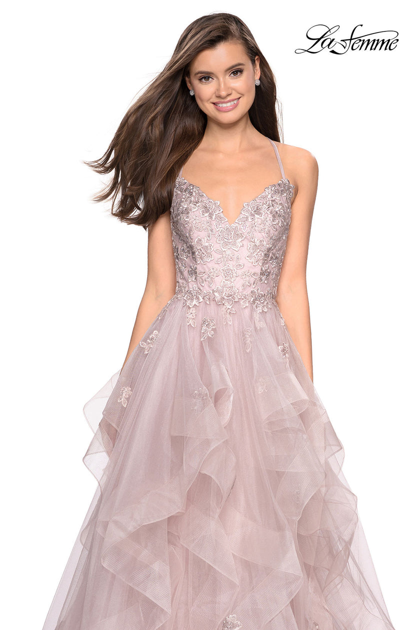 Picture of: Floor Length Tulle Dress with Floral Embellishments in Dusty Mauve, Style: 27579, Detail Picture 6