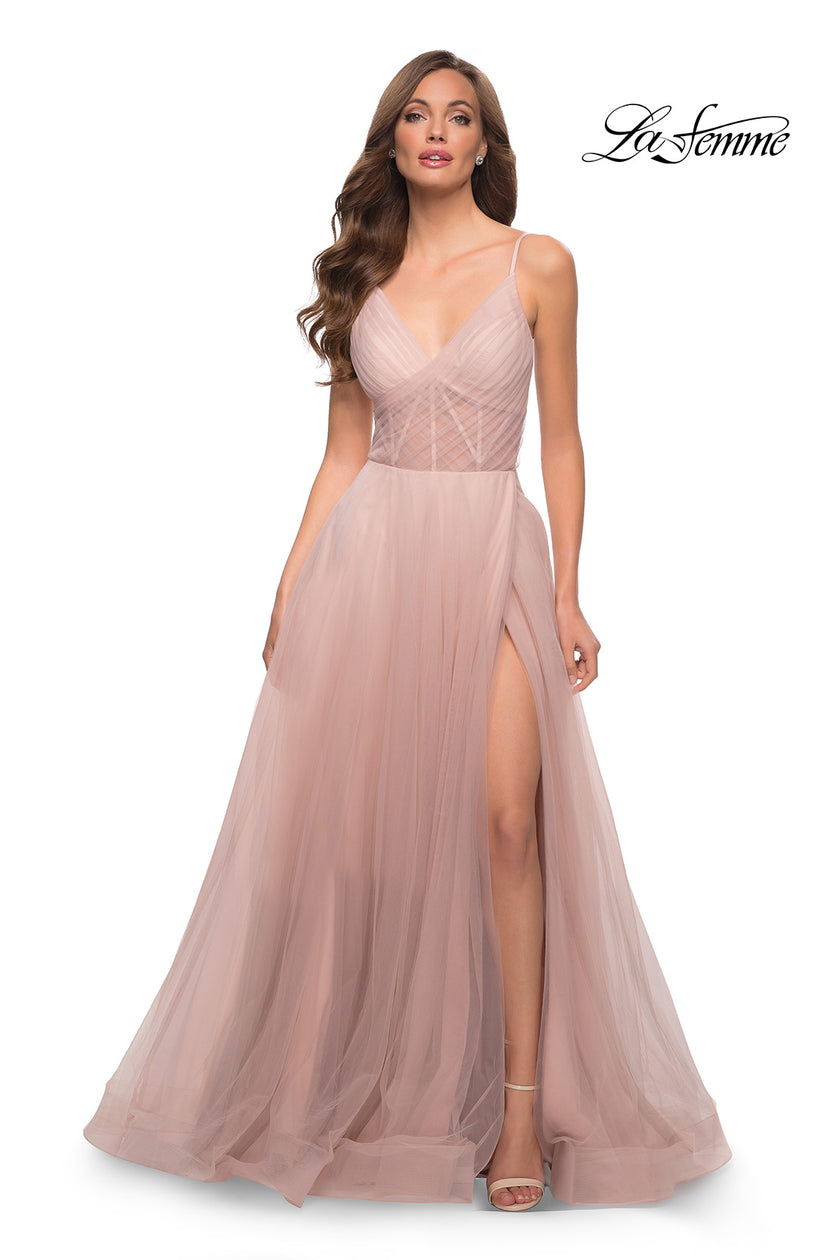 Picture of: A Line Tulle Prom Dress with Sheer Bodice in Dusty Mauve, Style 29076, Detail Picture 6
