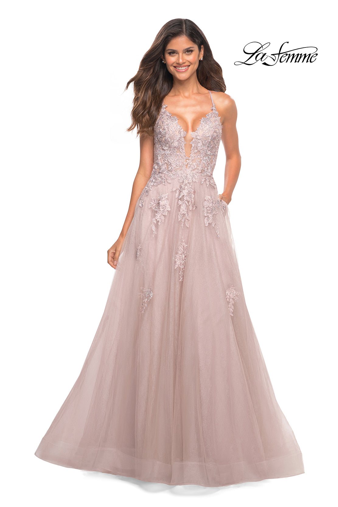 Picture of: Tulle A-line Dress with Jeweled Lace Appliques in Dusty Mauve, Detail Picture 6