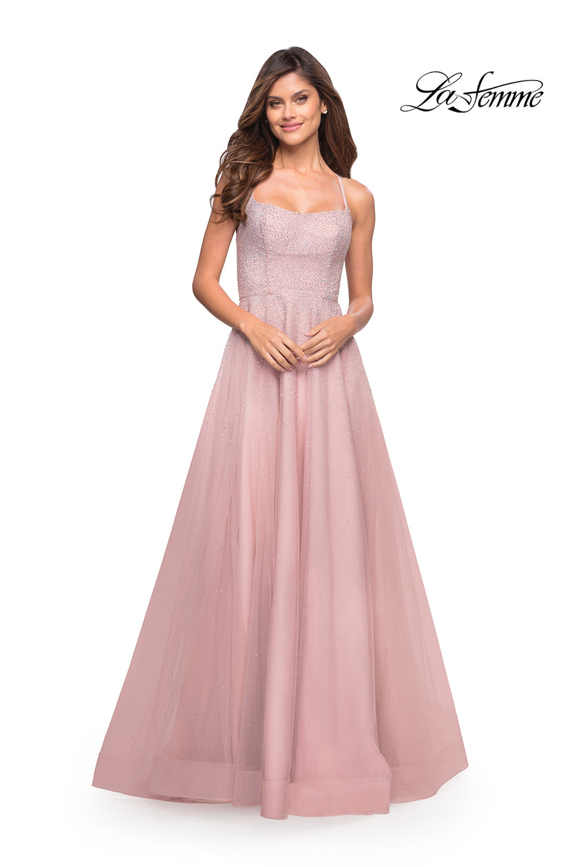 Picture of: Rhinestone and Tulle Gown with A-line Skirt in Dusty Mauve, Style: 30581, Detail Picture 6