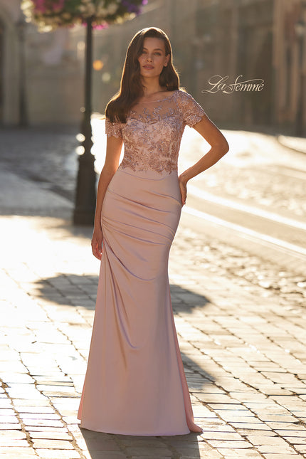 Picture of: Embroidered Illusion Bodice Gown with Ruched Jersey Skirt in Dusty Pink, Style: 32737, Main Picture