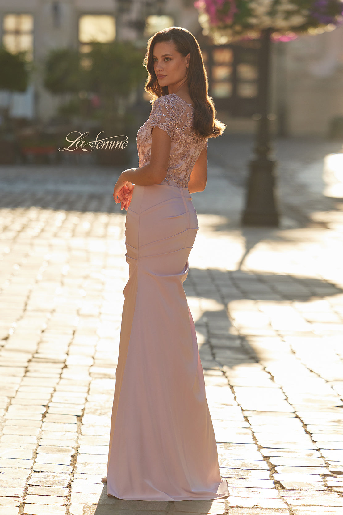 Picture of: Embroidered Illusion Bodice Gown with Ruched Jersey Skirt in Dusty Pink, Style: 32737, Back Picture