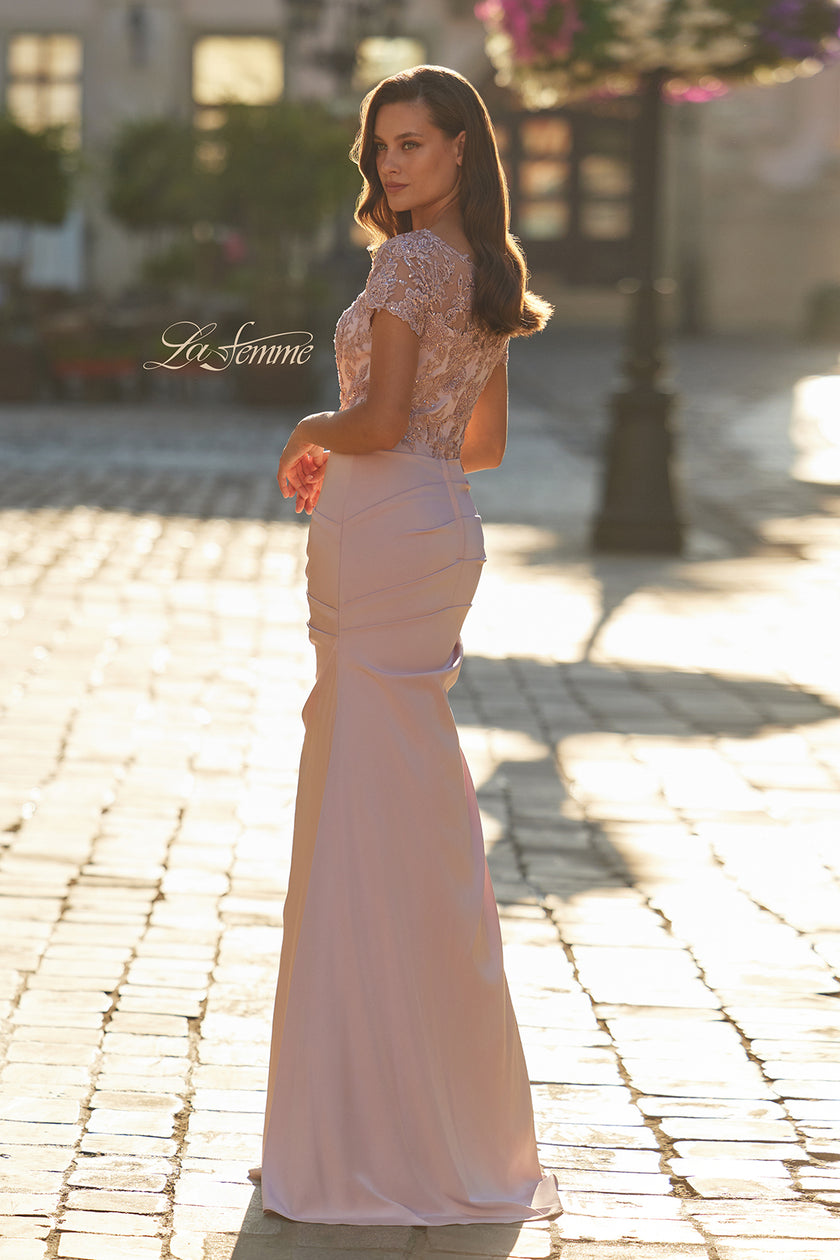 Picture of: Embroidered Illusion Bodice Gown with Ruched Jersey Skirt in Dusty Pink, Style: 32737, Back Picture