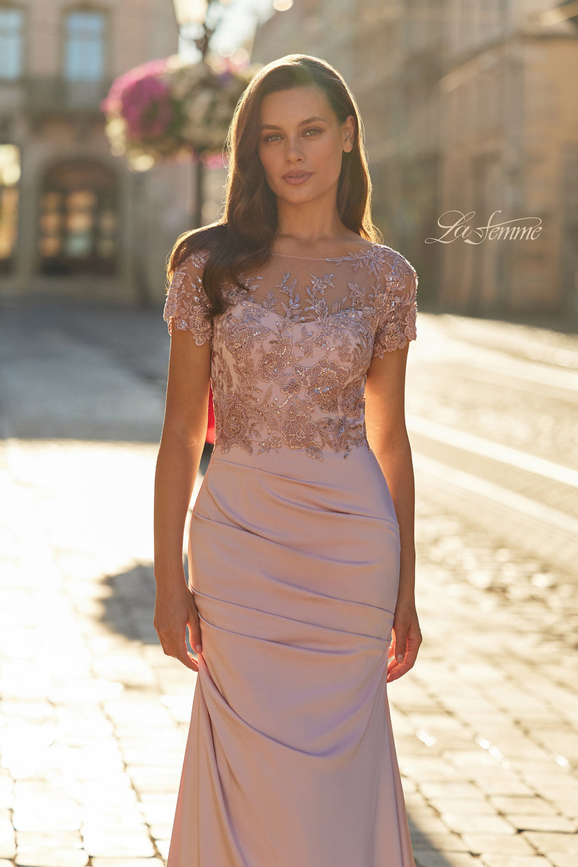 Picture of: Embroidered Illusion Bodice Gown with Ruched Jersey Skirt in Dusty Pink, Style: 32737, Detail Picture 1