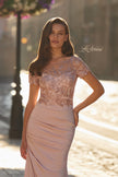 Picture of: Embroidered Illusion Bodice Gown with Ruched Jersey Skirt in Dusty Pink, Style: 32737, Detail Picture 3