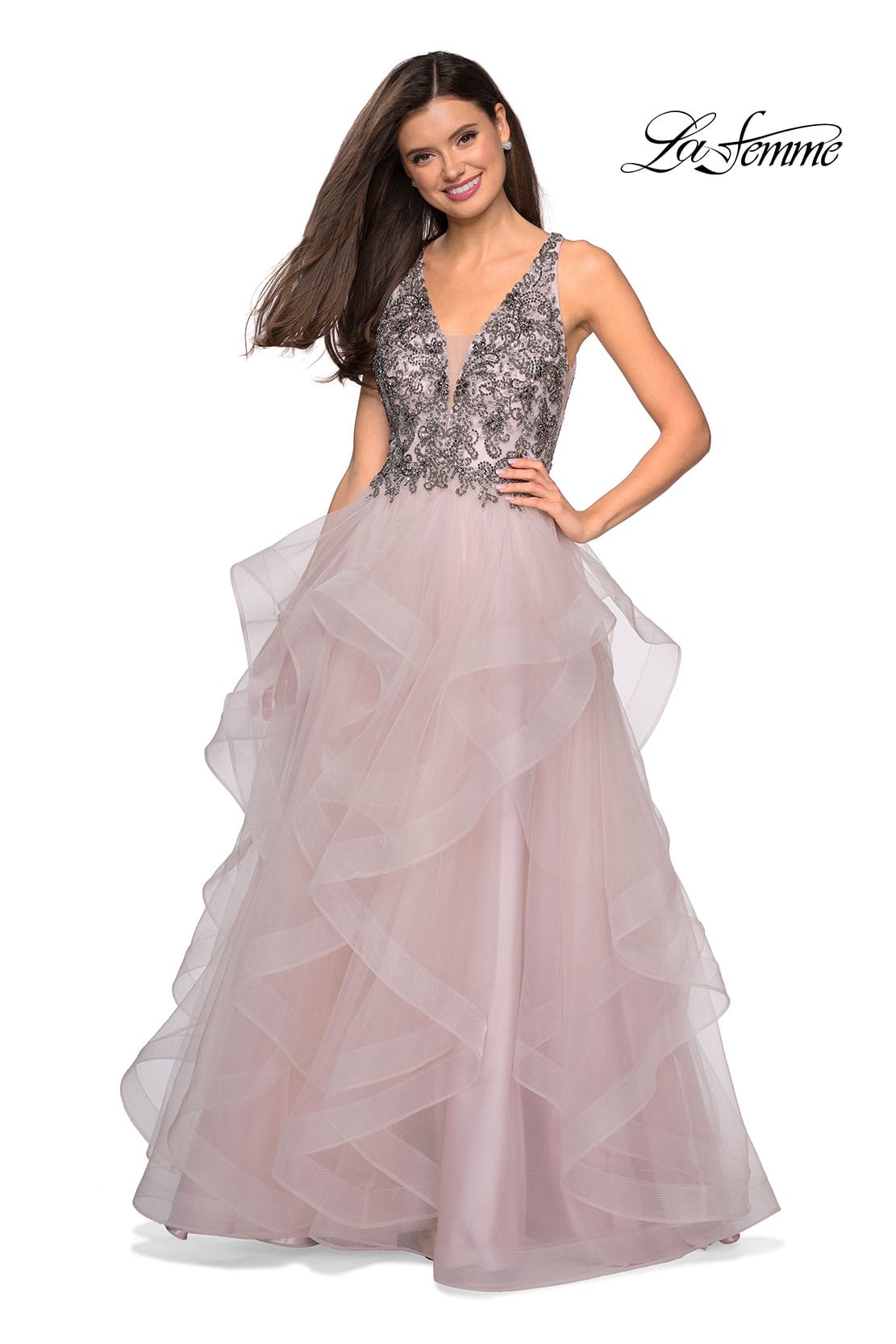 Picture of: Cascading Tulle Prom Dress with Rhinestone Bodice in Dusty Pink, Style: 27649, Main Picture