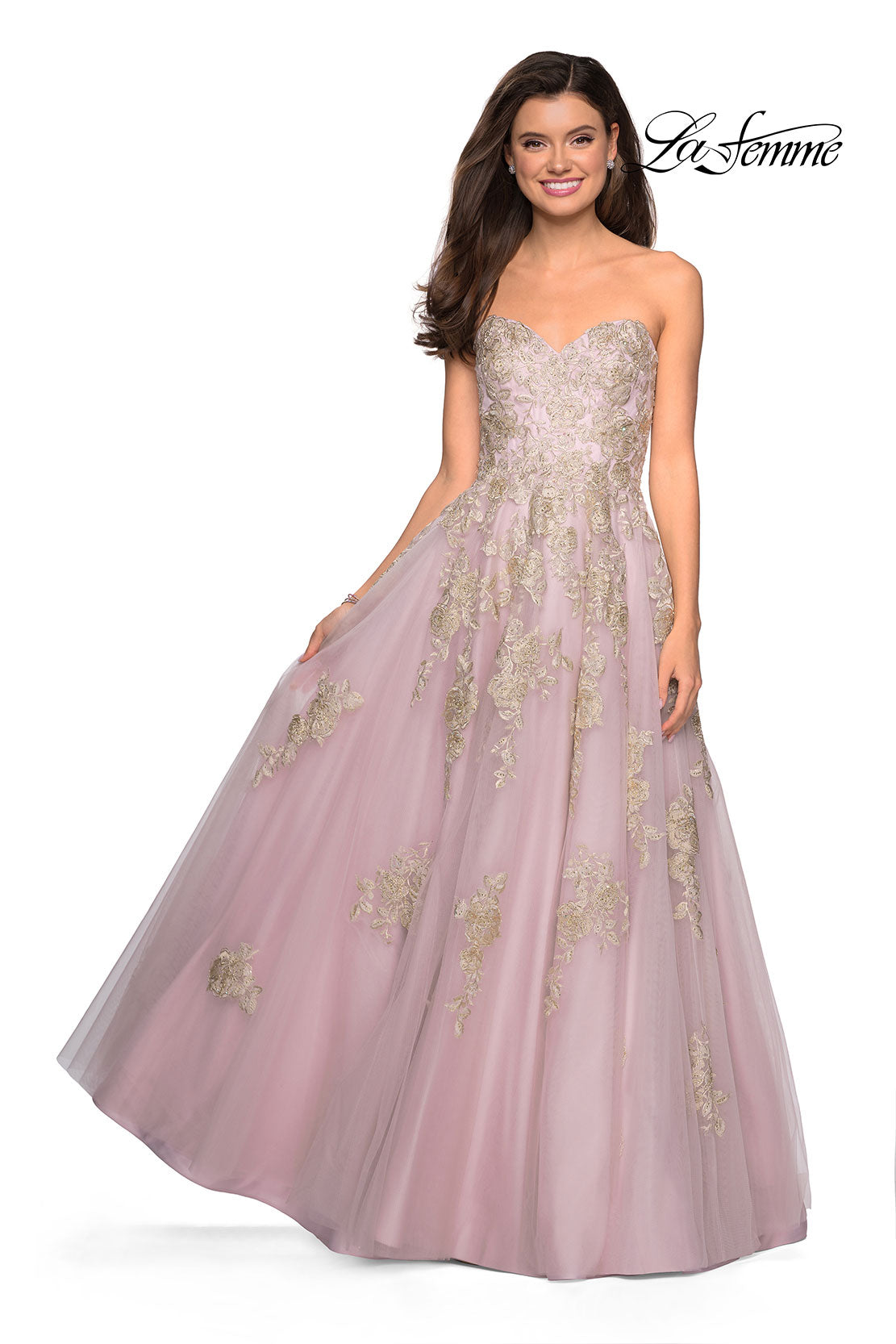 Picture of: Floral Embellished Strapless Prom Gown in Dusty Pink, Style: 27731, Detail Picture 1