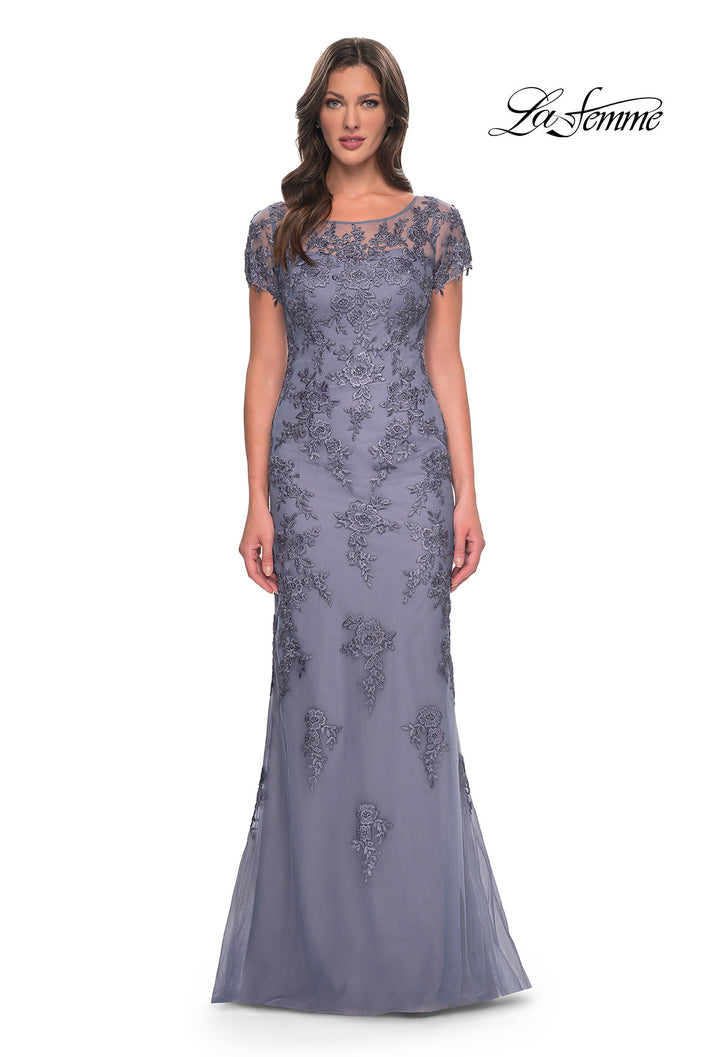 Picture of: Lace and Net Fitted Long Mother of the Bride Dress in Dusty Purple, Style: 29792, Main Picture