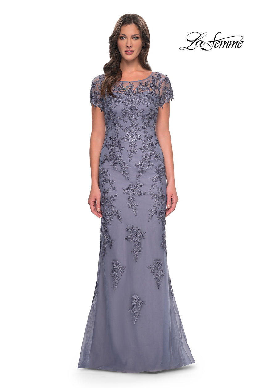 Picture of: Lace and Net Fitted Long Mother of the Bride Dress in Dusty Purple, Style: 29792, Main Picture