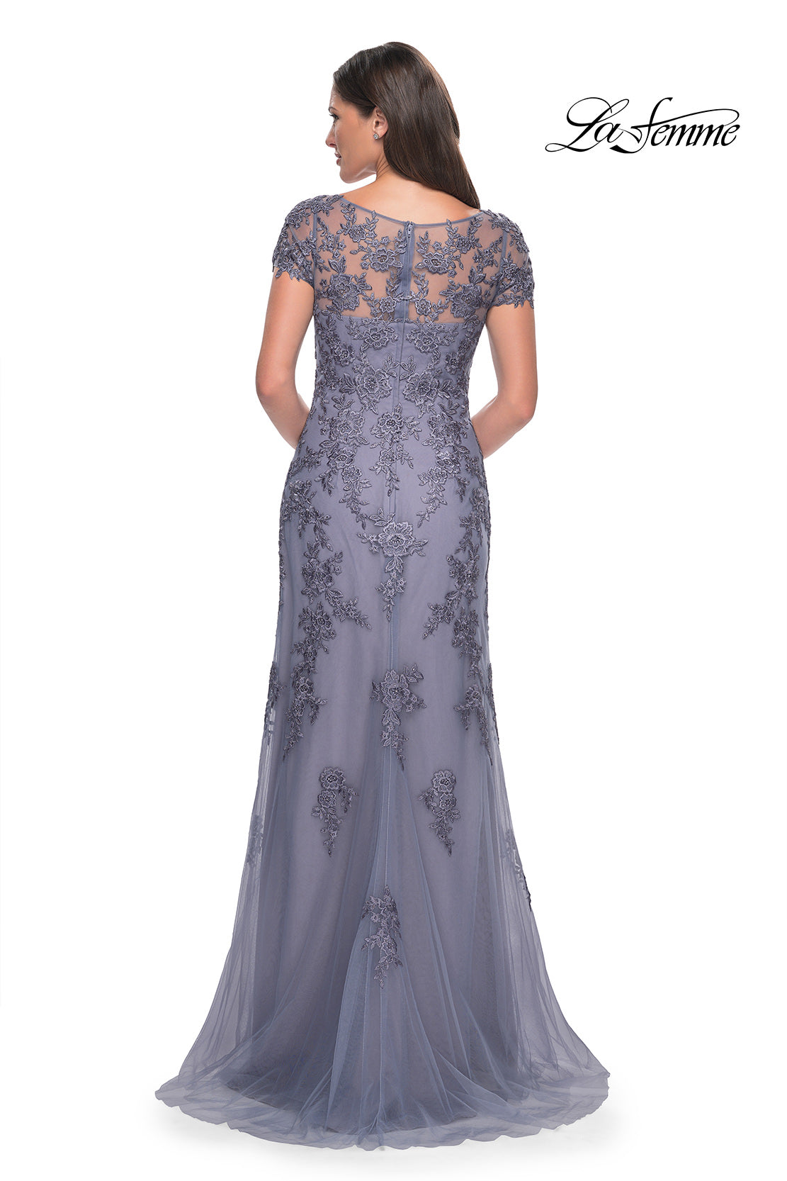Picture of: Lace and Net Fitted Long Mother of the Bride Dress in Dusty Purple, Style: 29792, Back Picture