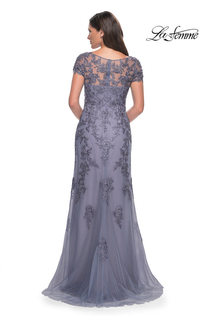 Picture of: Lace and Net Fitted Long Mother of the Bride Dress in Dusty Purple, Style: 29792, Back Picture