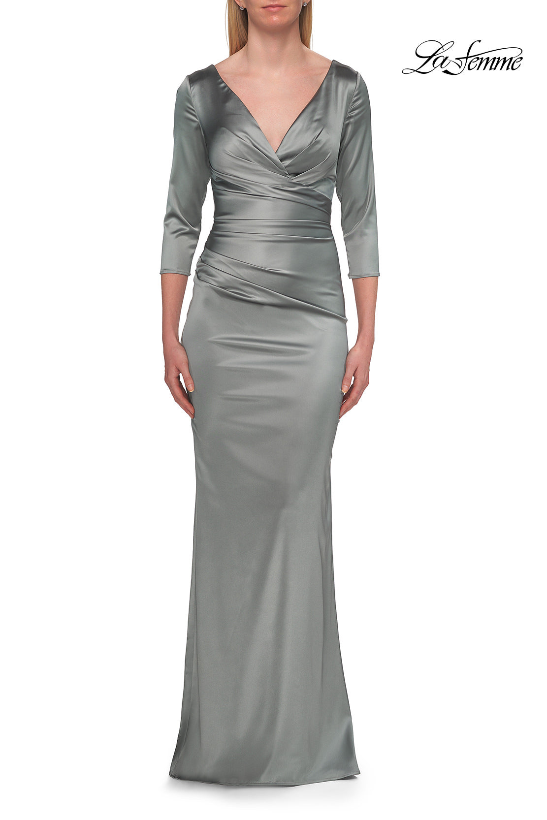 Picture of: V-Neck Satin Gown with Ruched Bodice and Three-Quarter Sleeves in Dusty Sage, Style: 33152, Detail Picture 8