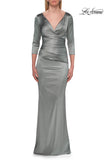 Picture of: V-Neck Satin Gown with Ruched Bodice and Three-Quarter Sleeves in Dusty Sage, Style: 33152, Detail Picture 8