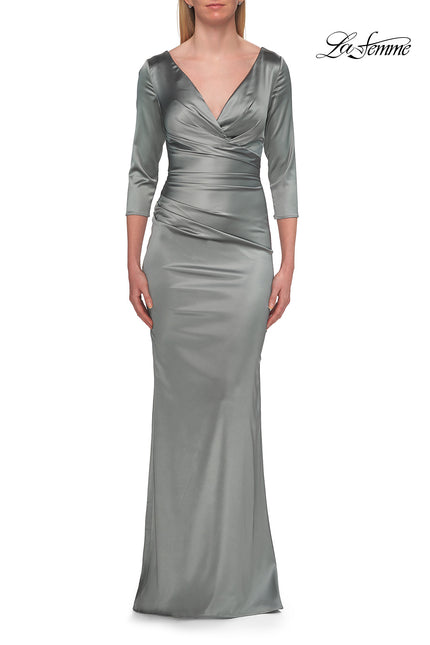 Picture of: V-Neck Satin Gown with Ruched Bodice and Three-Quarter Sleeves in Dusty Sage, Style: 33152, Detail Picture 8