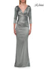 Picture of: V-Neck Satin Gown with Ruched Bodice and Three-Quarter Sleeves in Dusty Sage, Style: 33152, Detail Picture 8