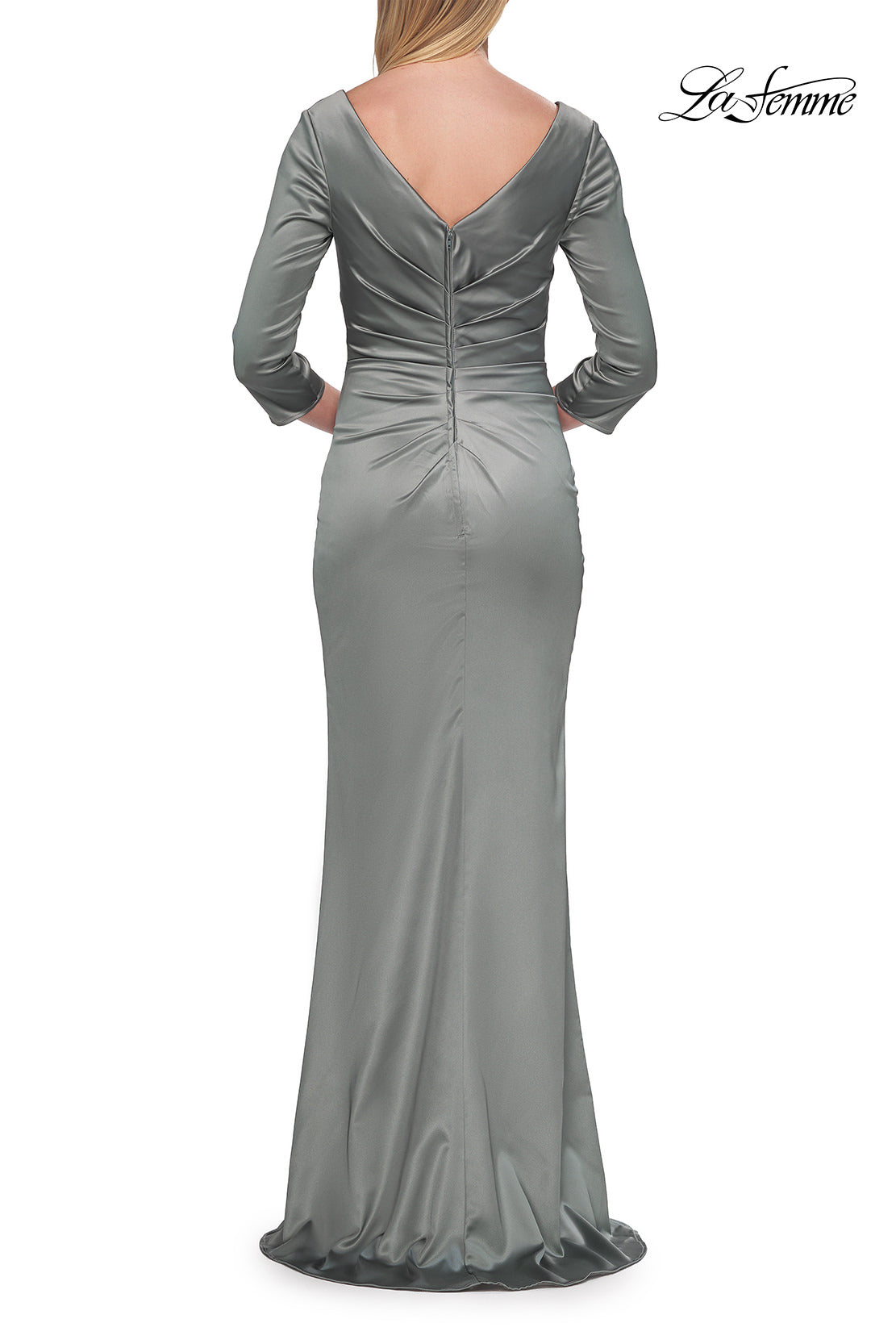 Picture of: V-Neck Satin Gown with Ruched Bodice and Three-Quarter Sleeves in Dusty Sage, Style: 33152, Detail Picture 9