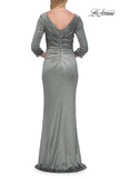 Picture of: V-Neck Satin Gown with Ruched Bodice and Three-Quarter Sleeves in Dusty Sage, Style: 33152, Detail Picture 9