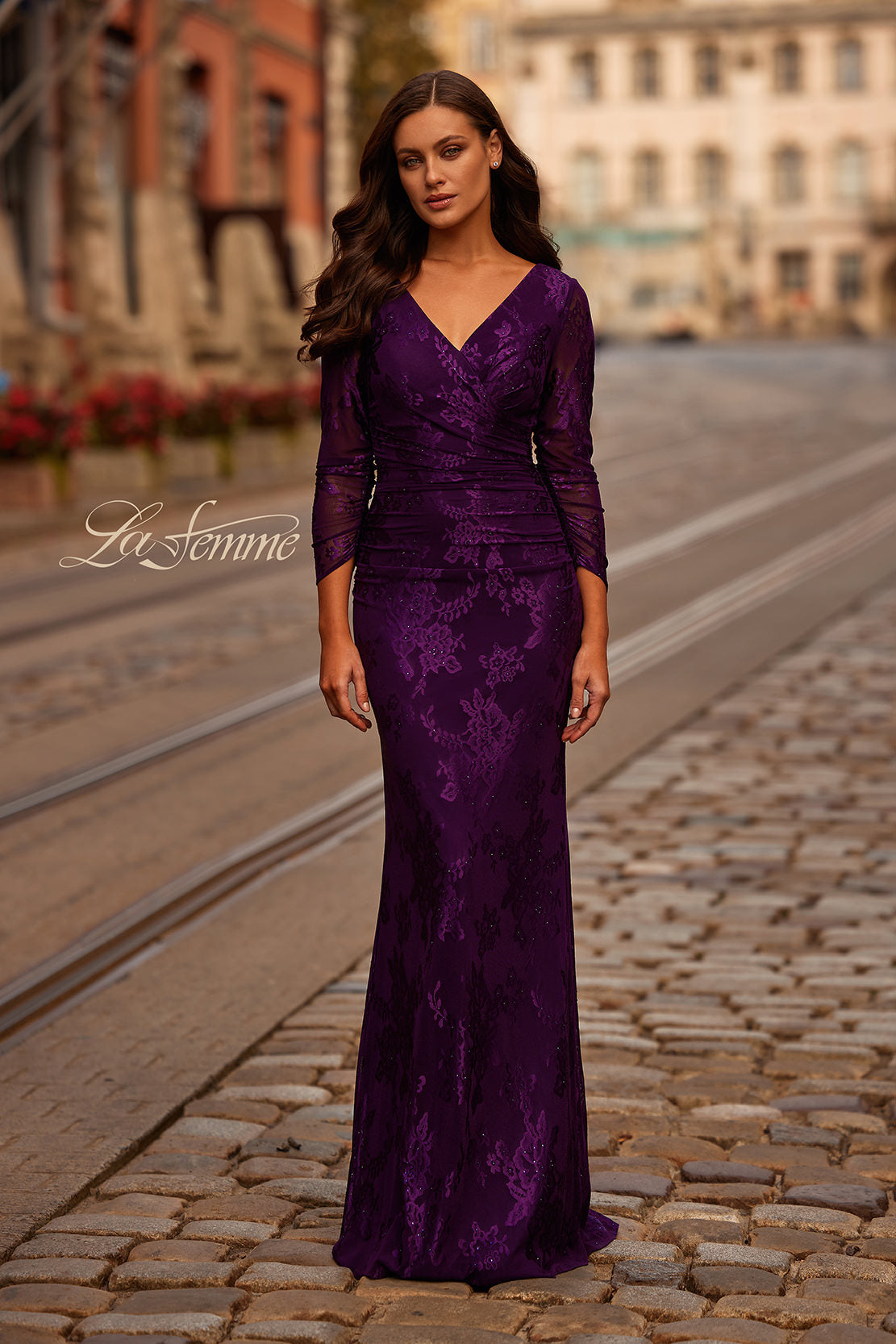 Picture of: Chic Stretch Lace Evening Dress with Ruching and V Neckline in Eggplant, Style: 32491, Main Picture