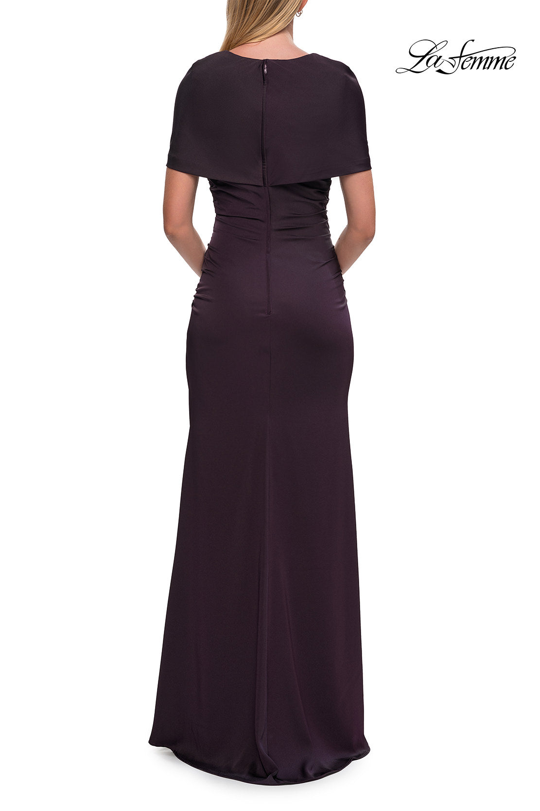 Picture of: Jersey Gown with Draped Bodice and Short Sleeves in Eggplant, Style: 33157, Detail Picture 8