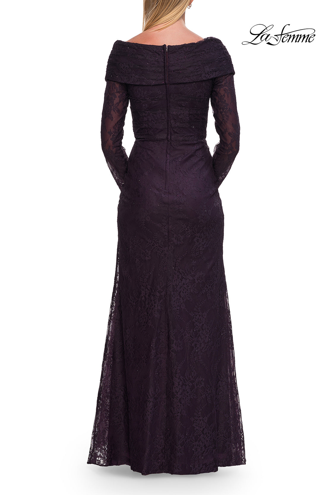 Picture of: Lace Long Sleeve V-Neck Evening Gown in Eggplant, Style: 33333, Detail Picture 9