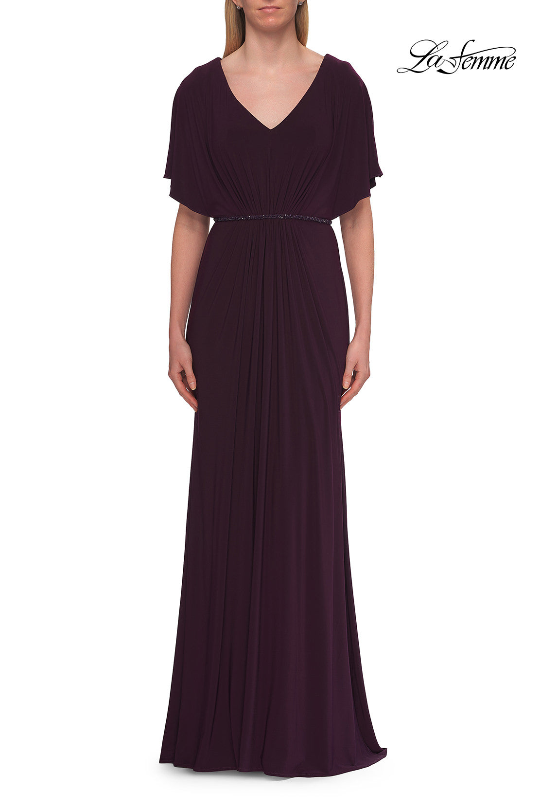 Picture of: Flutter Sleeve Jersey Gown with Beaded Waist in Eggplant, Style: 33158, Detail Picture 1