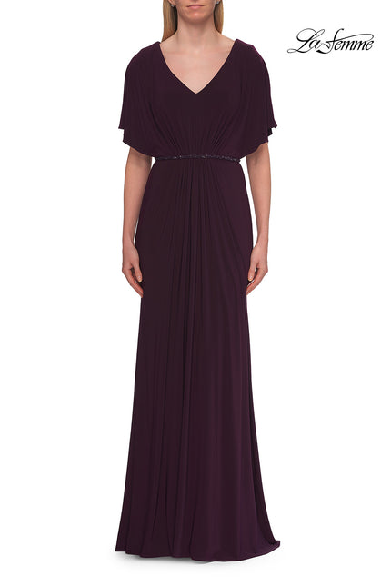 Picture of: Flutter Sleeve Jersey Gown with Beaded Waist in Eggplant, Style: 33158, Detail Picture 1