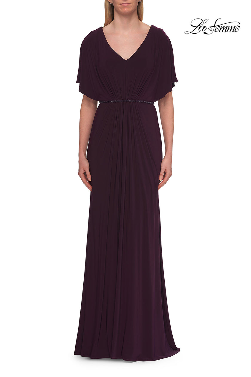 Picture of: Flutter Sleeve Jersey Gown with Beaded Waist in Eggplant, Style: 33158, Detail Picture 1