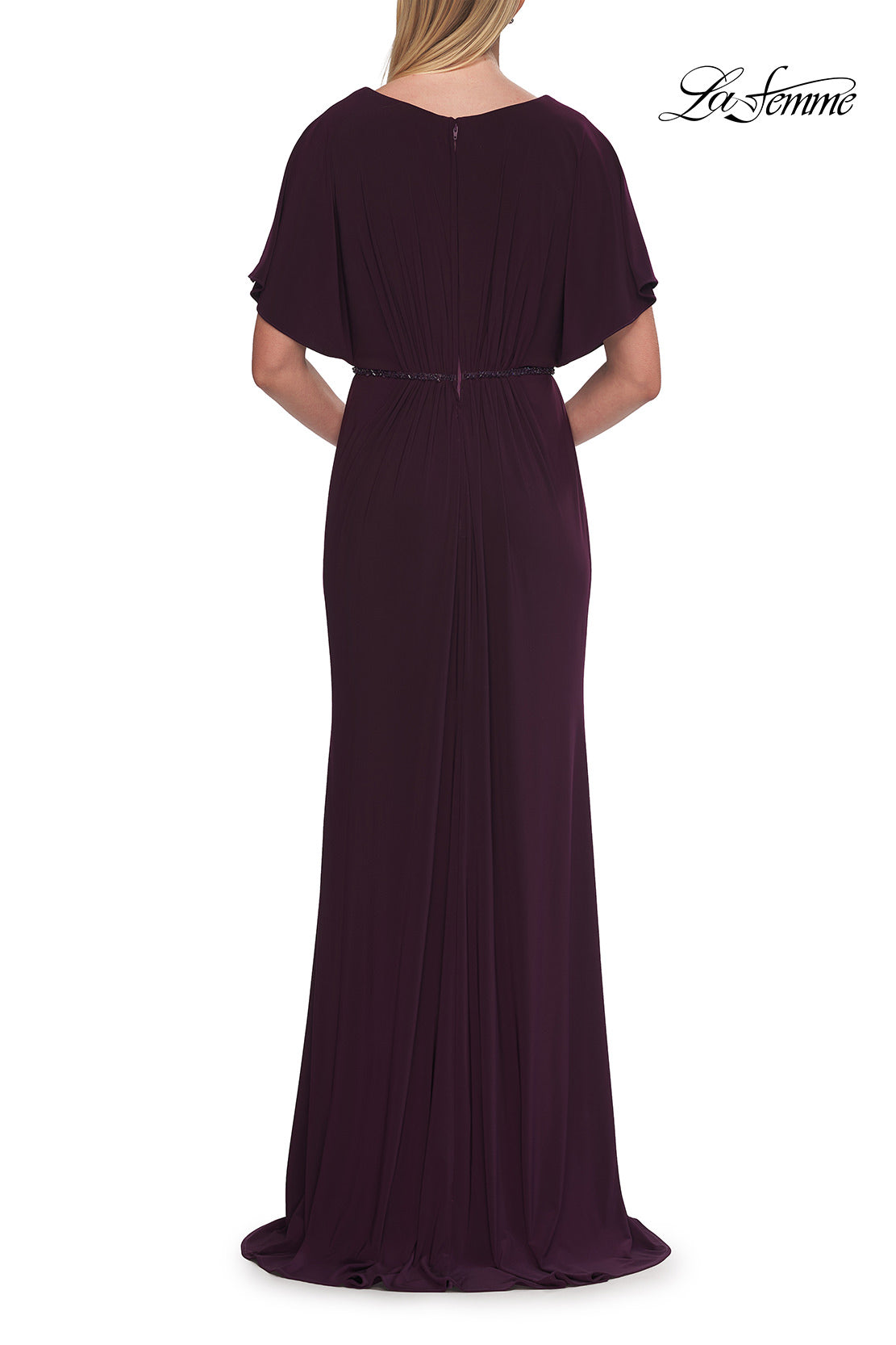 Picture of: Flutter Sleeve Jersey Gown with Beaded Waist in Eggplant, Style: 33158, Detail Picture 2