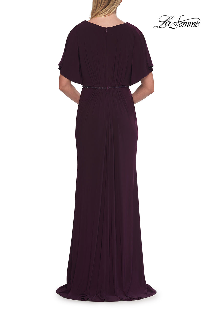 Picture of: Flutter Sleeve Jersey Gown with Beaded Waist in Eggplant, Style: 33158, Detail Picture 2