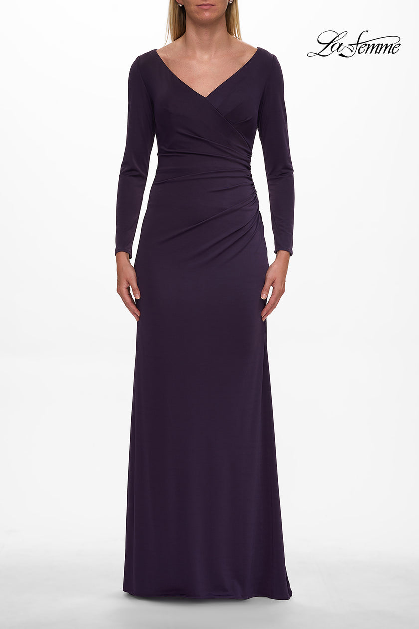 Picture of: Simple Jersey Evening Dress with Long Sleeves and Ruching in Eggplant, Style: 29184, Detail Picture 3