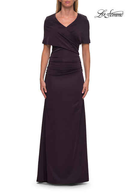 Picture of: Jersey Gown with Draped Bodice and Short Sleeves in Eggplant, Style: 33157, Detail Picture 7