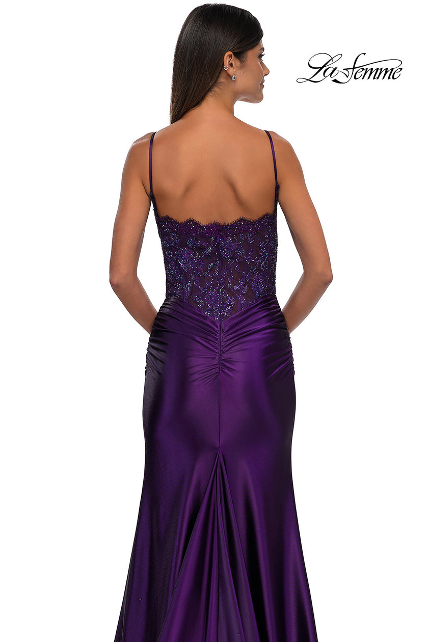 Picture of: Ruched Satin Evening Dress with Sheer Lace Top and Scallop Neckline in Eggplant , Style: 32689, Detail Picture 16