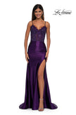 Picture of: Ruched Satin Evening Dress with Sheer Lace Top and Scallop Neckline in Eggplant , Style: 32689, Detail Picture 5