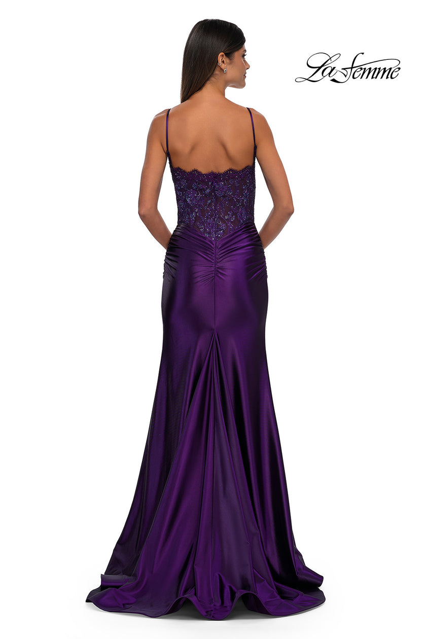 Picture of: Ruched Satin Evening Dress with Sheer Lace Top and Scallop Neckline in Eggplant , Style: 32689, Detail Picture 6