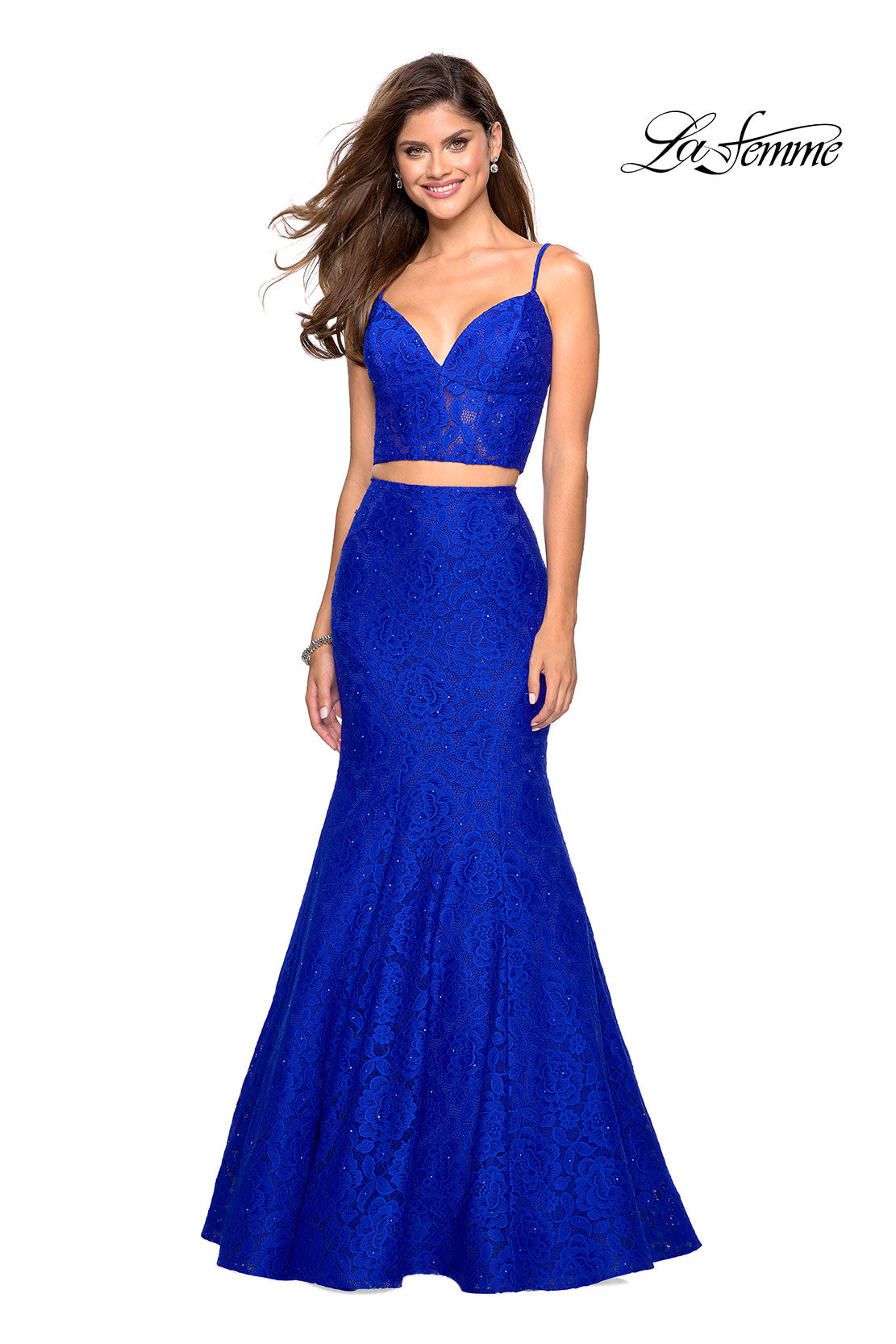 Picture of: Lace Two Piece Gown with Rhinestone Accents in Electric Blue, Style: 27589, Main Picture