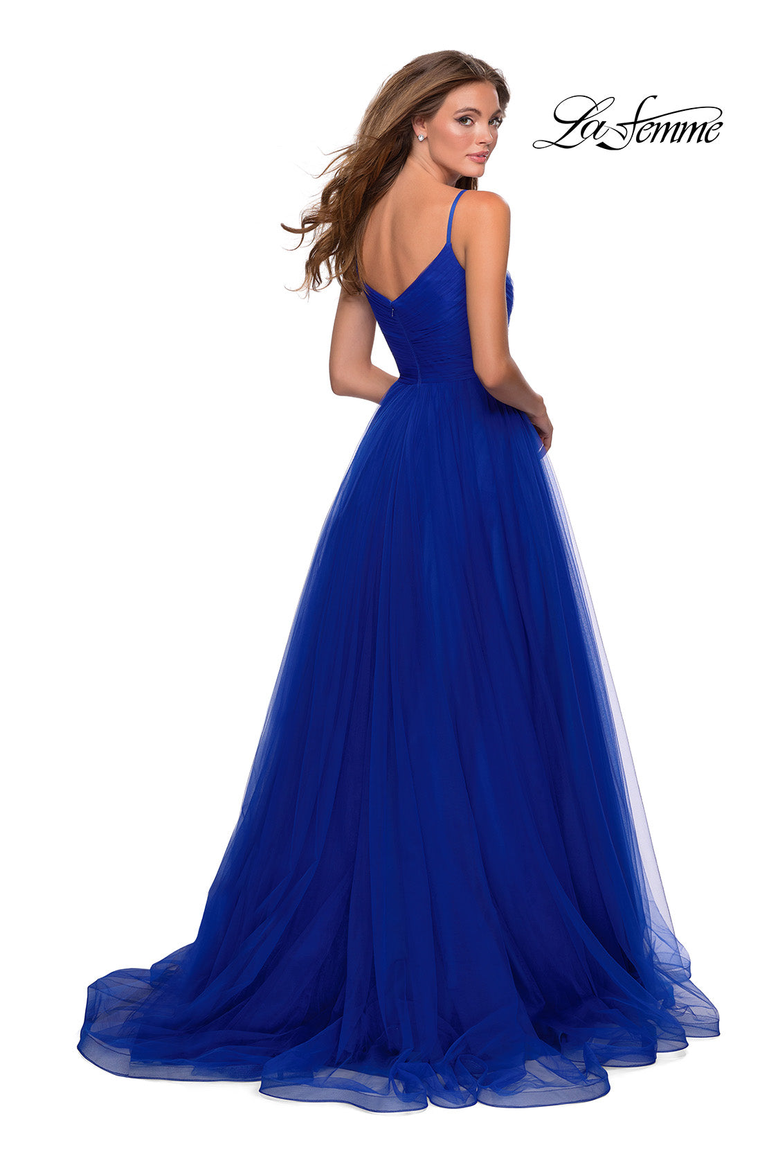 Picture of: Long Tulle Pleated Bodice Prom Gown with Pockets in Electric Blue, Style: 28123, Back Picture