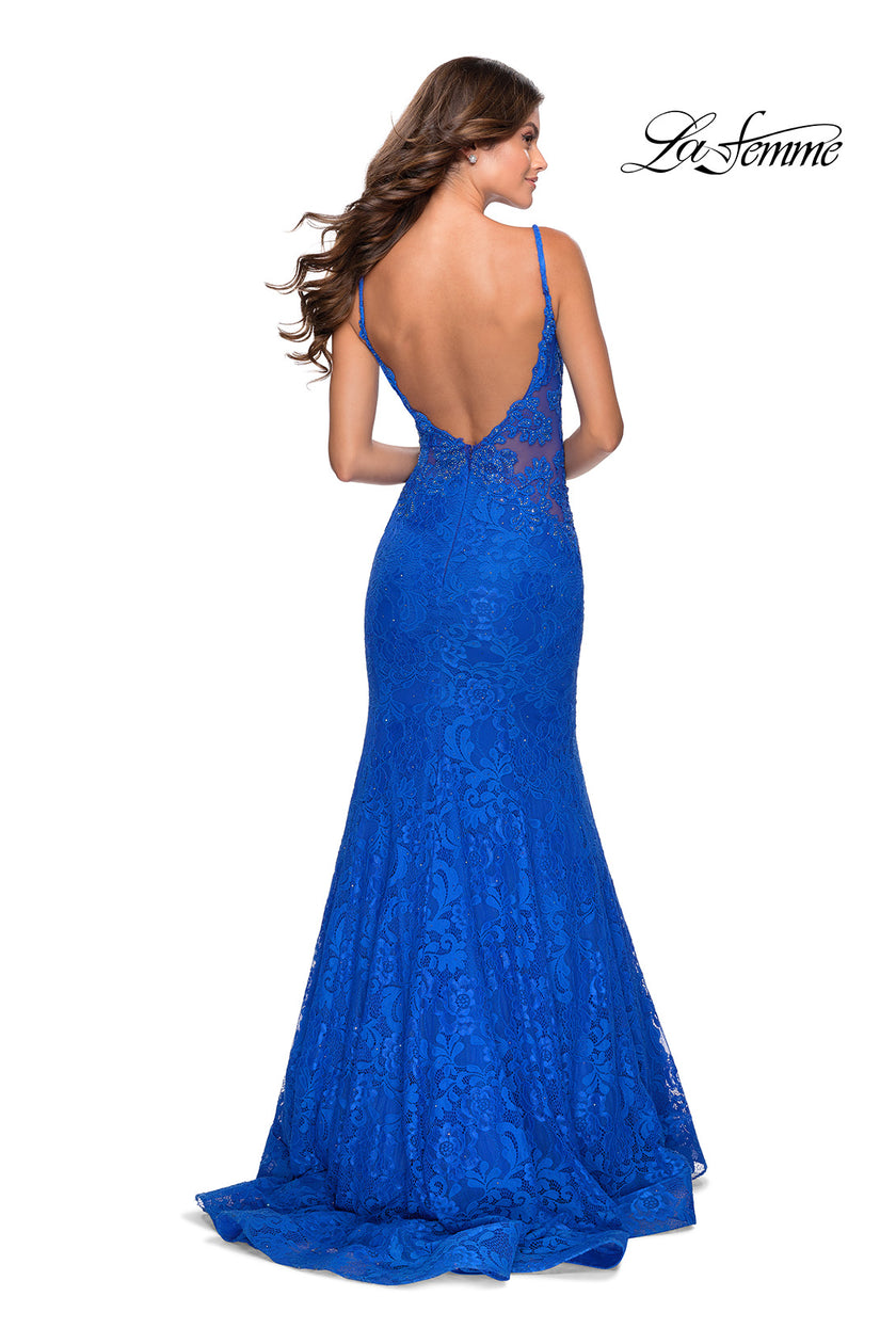Picture of: Long Mermaid Lace Dress with Back Rhinestone Detail in Electric Blue, Style: 28355, Back Picture