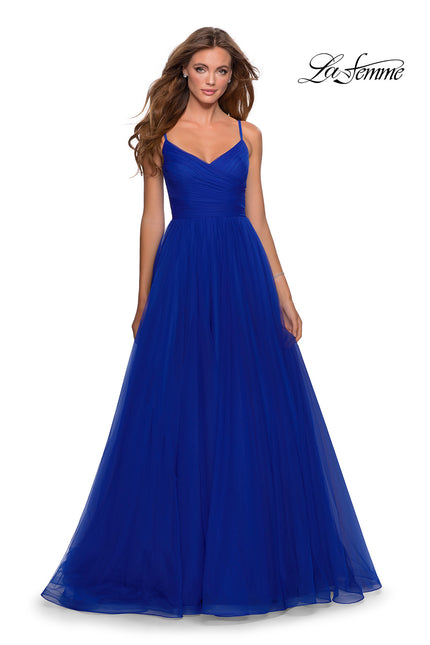 Picture of: Long Tulle Pleated Bodice Prom Gown with Pockets in Electric Blue, Style: 28123, Detail Picture 1