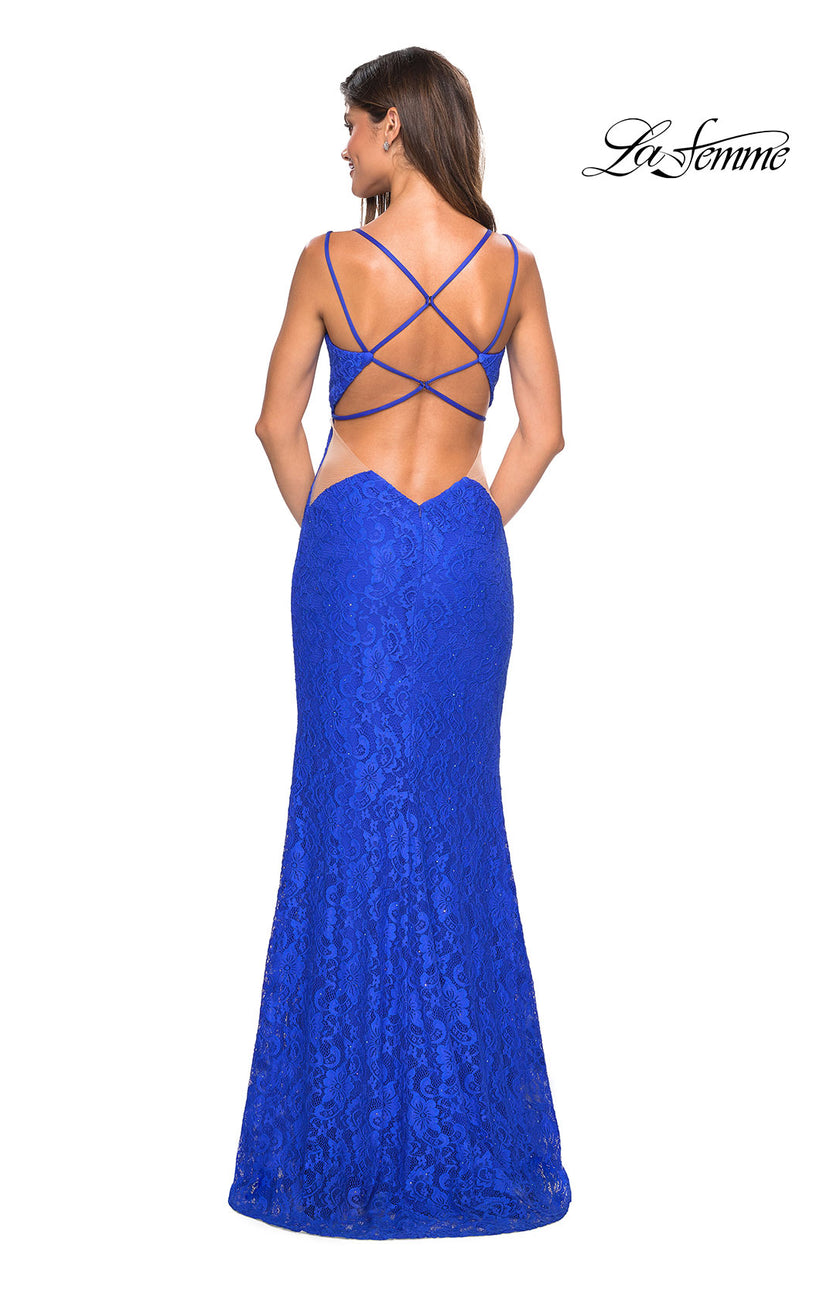 Picture of: Stretch Lace Long Prom Dress with Illusion Sides in Electric Blue, Style: 27029, Detail Picture 4