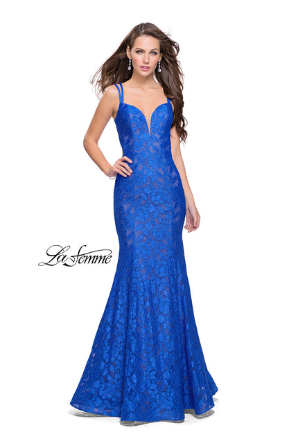 Picture of: Long Lace Mermaid Prom Dress with Double Straps in Electric Blue, Style: 26043, Main Picture