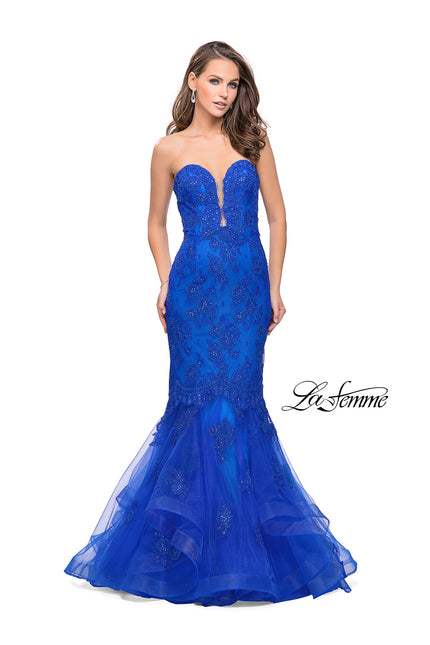 Picture of: Long Strapless Lace Prom Dress with Tulle Skirt in Electric Blue, Style: 26219, Main Picture