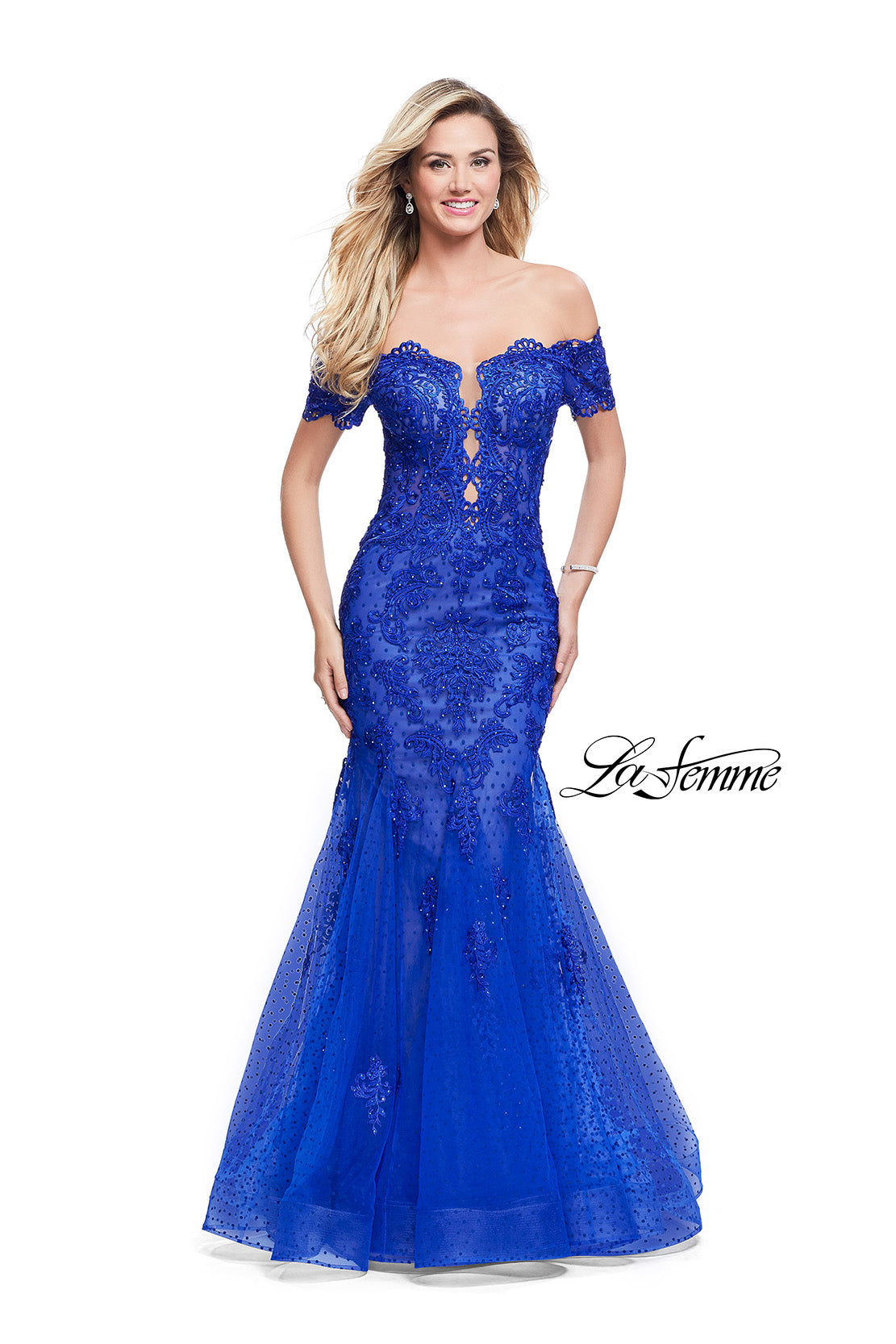 Picture of: Polka Dot Off the Shoulder Two Piece Tulle Prom Dress in Electric Blue, Style: 26192, Detail Picture 1