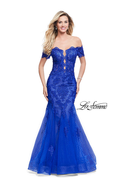 Picture of: Polka Dot Off the Shoulder Two Piece Tulle Prom Dress in Electric Blue, Style: 26192, Detail Picture 1