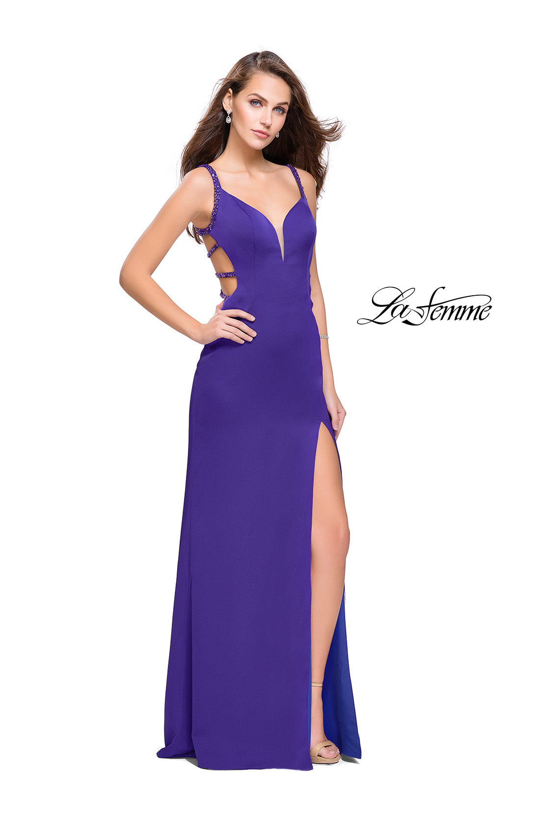 Picture of: Satin Prom Dress with Metallic Beaded Straps and Slit in Electric Purple, Style: 26012, Back Picture