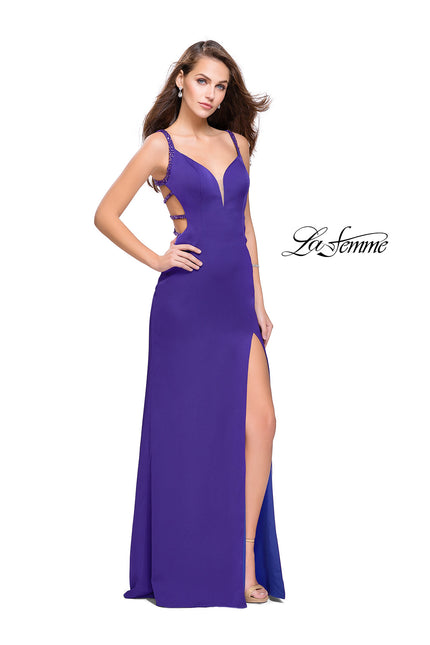 Picture of: Satin Prom Dress with Metallic Beaded Straps and Slit in Electric Purple, Style: 26012, Back Picture