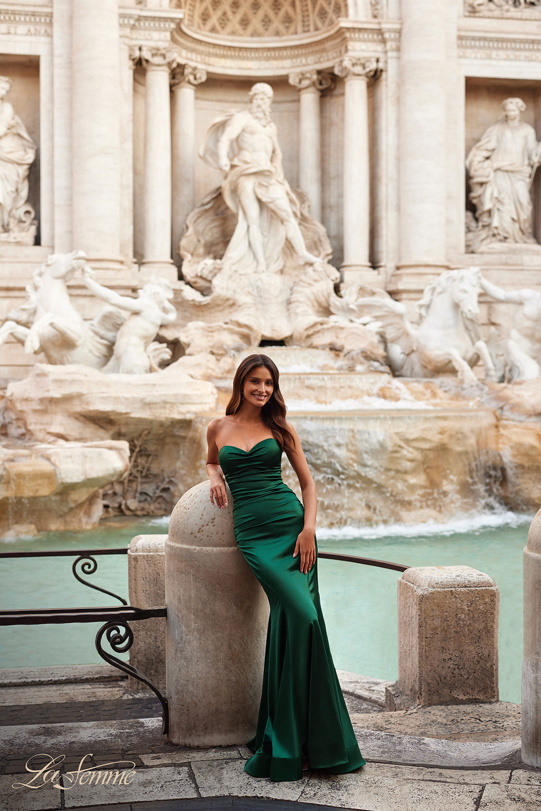 Picture of: Stretch Satin Gown with Draped Sweetheart Neckline in Emerald, Style: 31915, Detail Picture 2