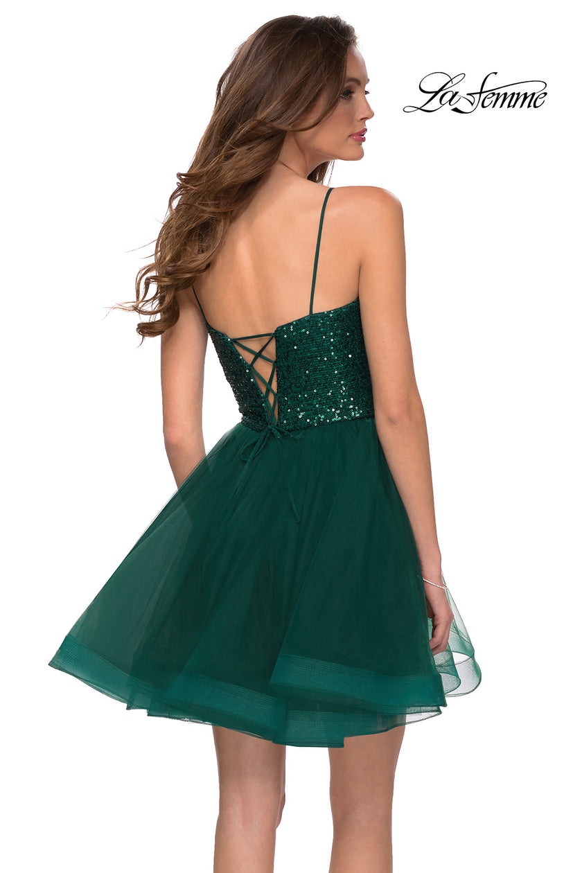 Picture of: Tulle and Sequin Short Party Dress with Corset Back in Emerald, Style: 29237, Back Picture
